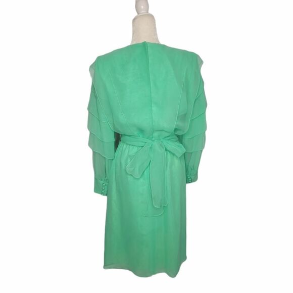 VINTAGE 60s dress chiffon mint green tiered puff sleeve hostess S - Picture 3 of 16